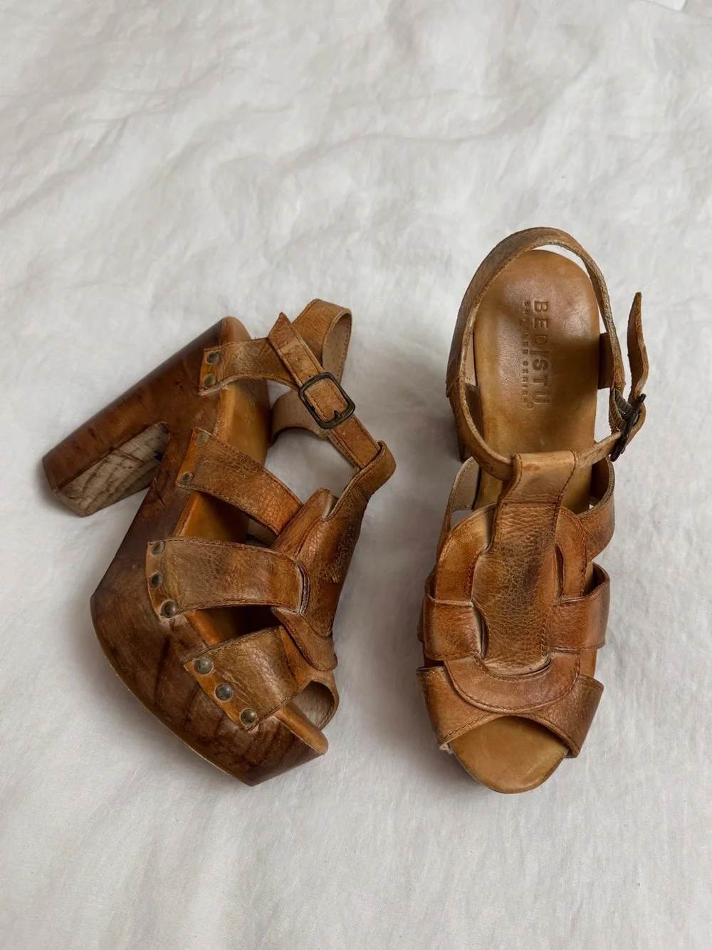 Bed|Stu Leather Wooden Platform Clog Heels Sandals Size 10 Y2K Boho Festival